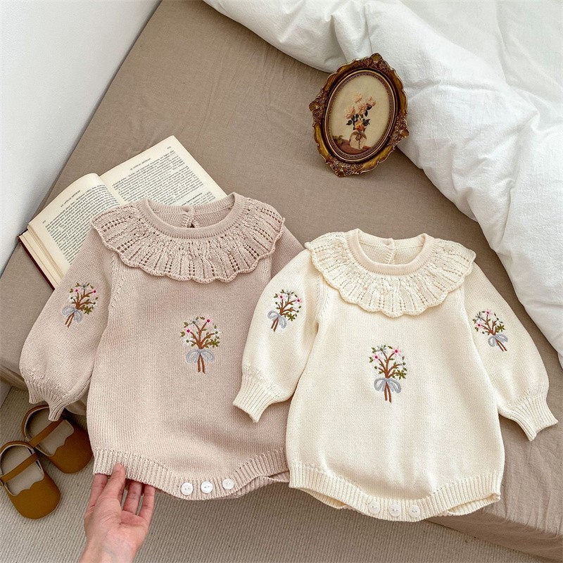 Осенний Новый Вязаный комбинез – обзор и цена Newborn Baby Girl Romper Floral